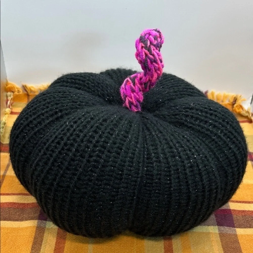 Sparkling Black and Pink Knit Pumpkin Decor handmade. One of a kind